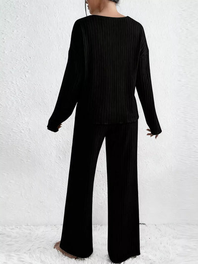 Ribbed Loungewear Set - V-Neck Top Wide-Leg Pants - Fashions Envy