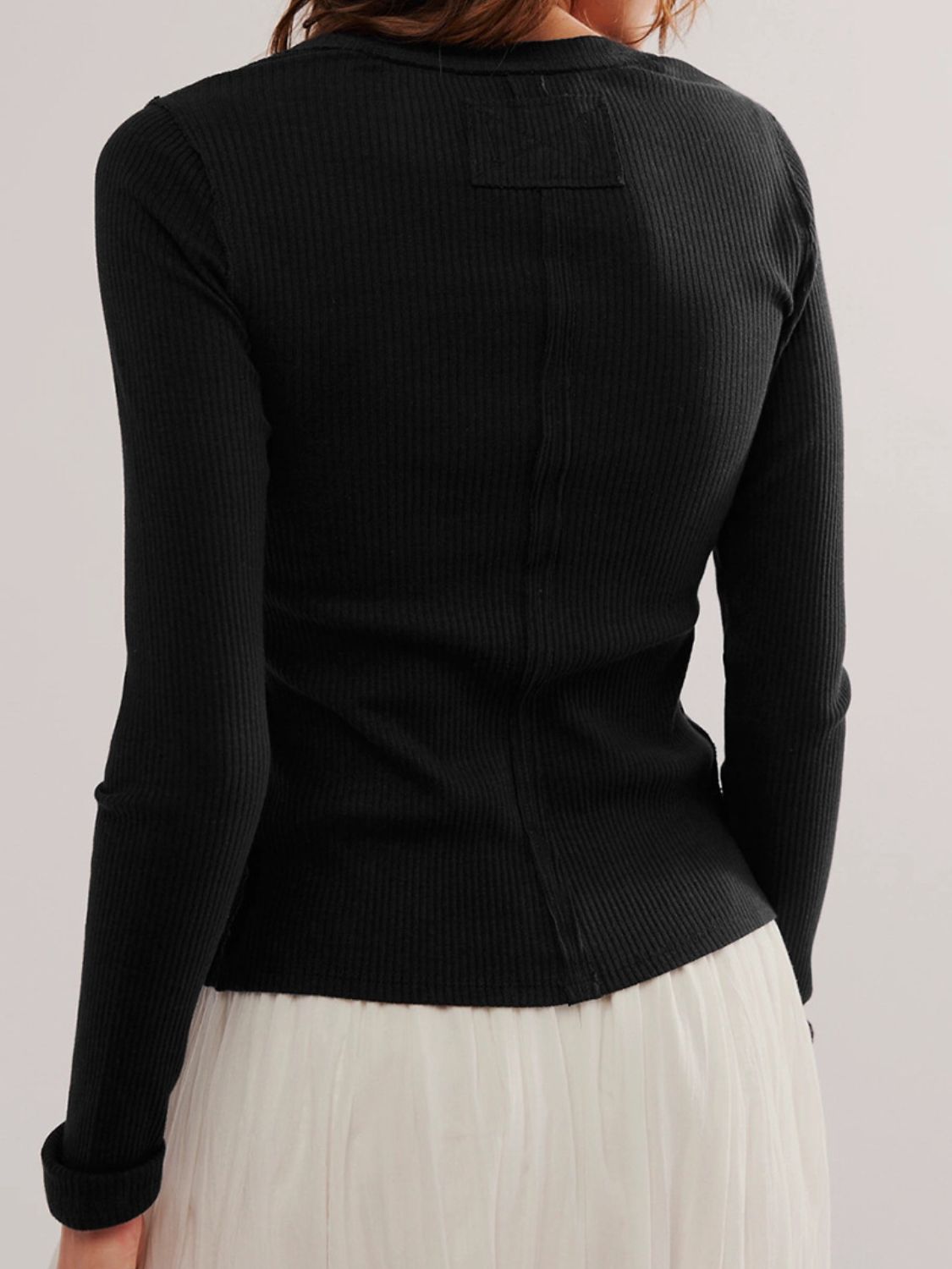 Ribbed Button-up Round Neck Long Sleeve Top
