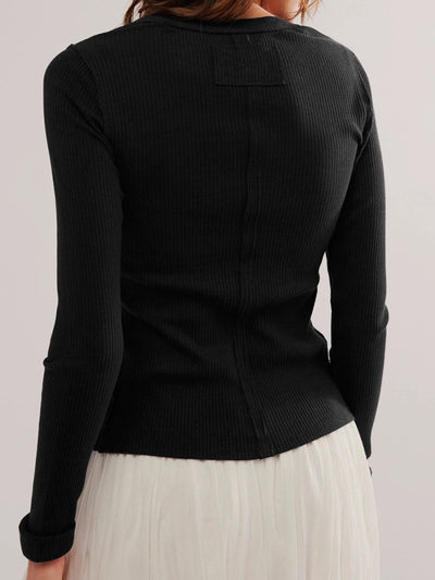 Ribbed Button-up Round Neck Long Sleeve Top