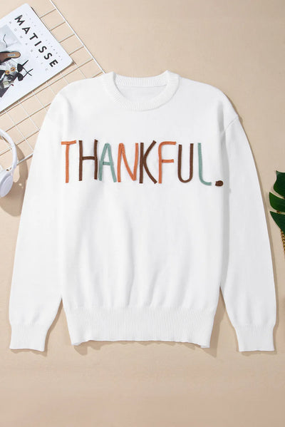 THANKFUL Round Neck Long Sleeve Knit Top - Fashions Envy