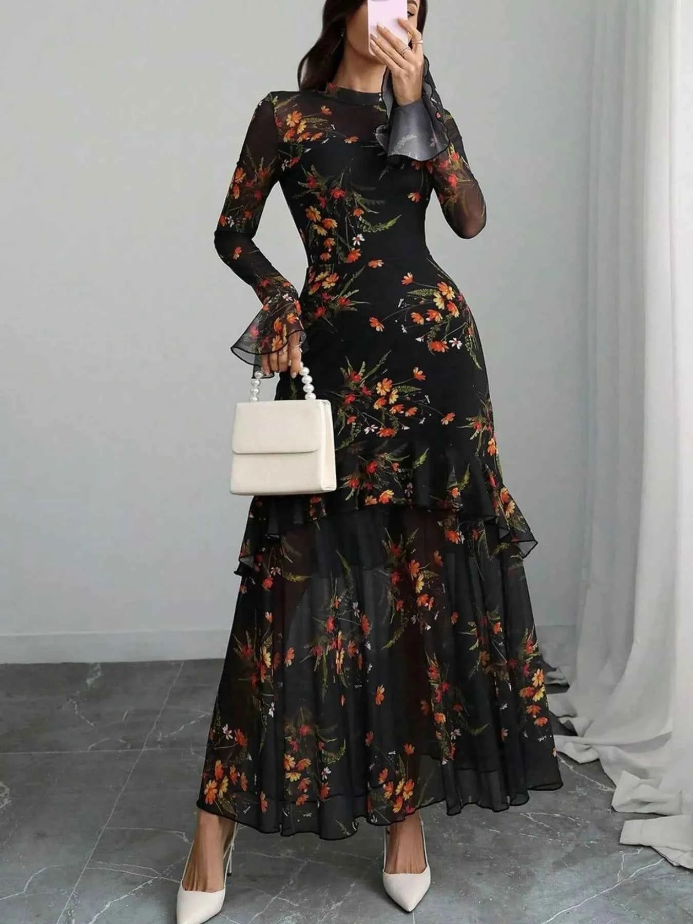 Floral Print Flounce Sleeve Mermaid Maxi Dress