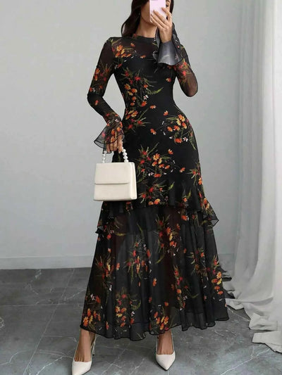 Floral Print Flounce Sleeve Mermaid Maxi Dress