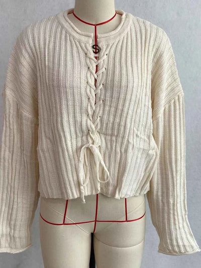 Ribbed Lace-Up Crop Sweater