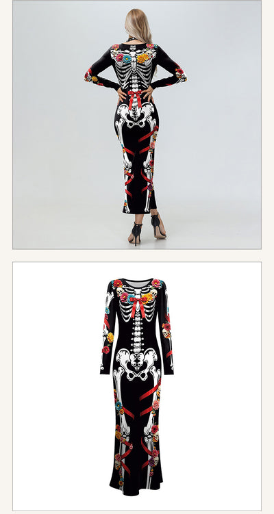 Halloween Skeleton Midi Dress - Floral Print & Long Sleeves