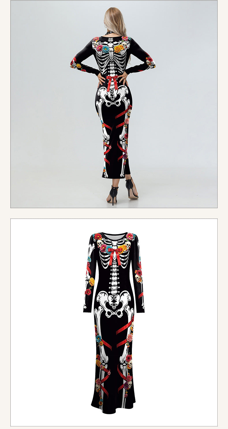 Halloween Skeleton Midi Dress - Floral Print & Long Sleeves