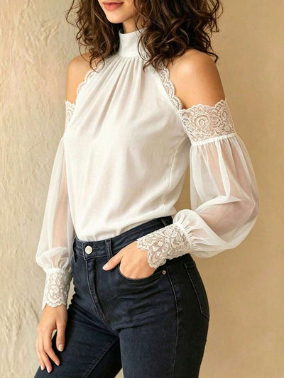 Lace-Trim Cold-Shoulder Blouse - Sheer Balloon Sleeves