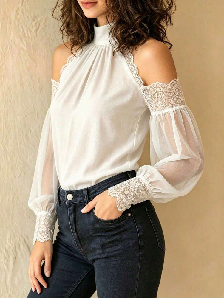 Lace-Trim Cold-Shoulder Blouse - Sheer Balloon Sleeves
