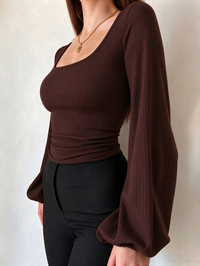 Brown ribbed knit square-neck slim-fit top with long lantern sleeves