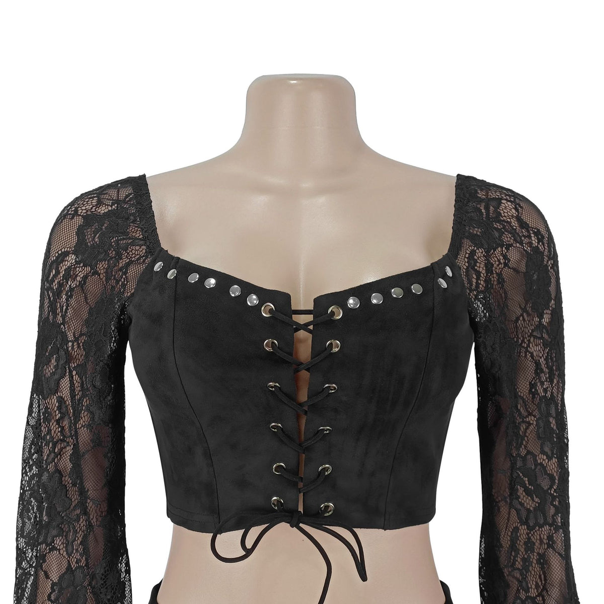 Black Lace-Up Two-Piece Skirt Set - Off-Shoulder Top and Ruffles