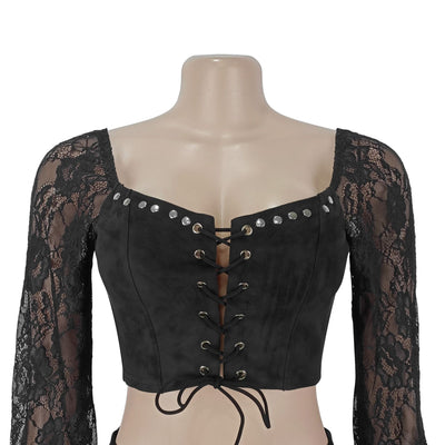 Black Lace-Up Two-Piece Skirt Set - Off-Shoulder Top and Ruffles