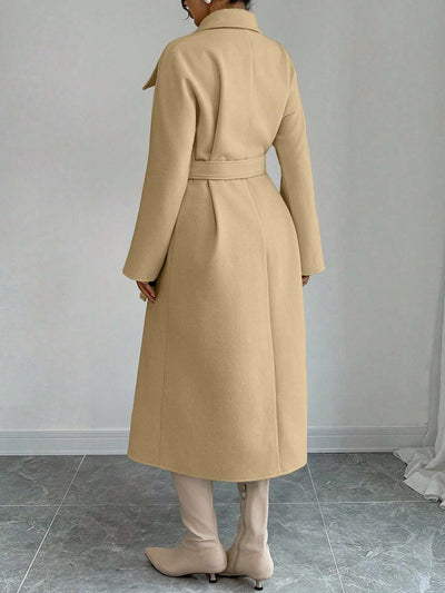 Double-Breasted Long Coat - Waist Tie & Wide Lapels