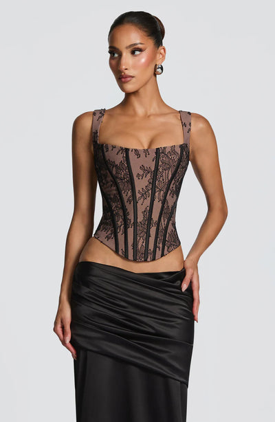 Lace Corset Top and Maxi Skirt Set - Ruched Satin-Look Finish