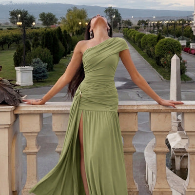 One-Shoulder Ruched Maxi Dress - High Slit and Flowing Skirt