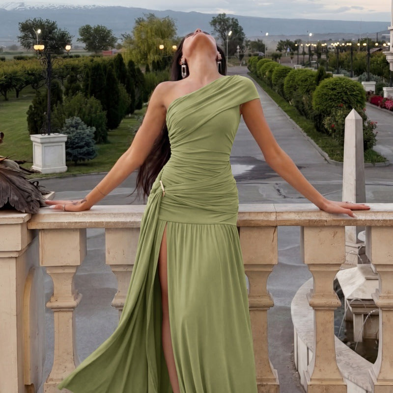 One-Shoulder Ruched Maxi Dress - High Slit and Flowing Skirt