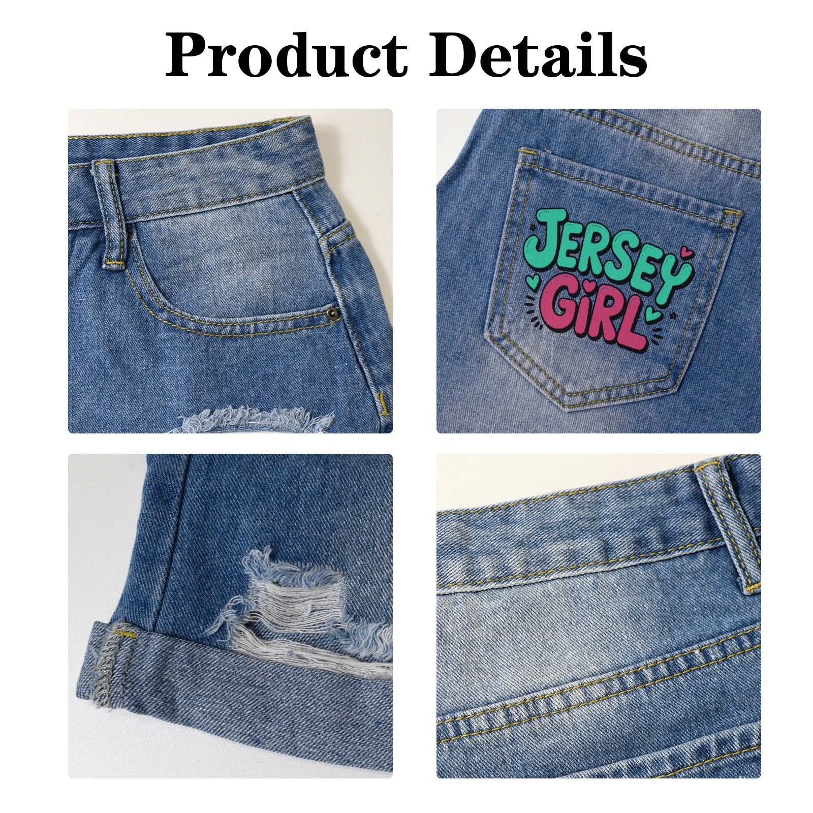 Light Wash Jersey Girl Denim Shorts - Graphic Pocket Print