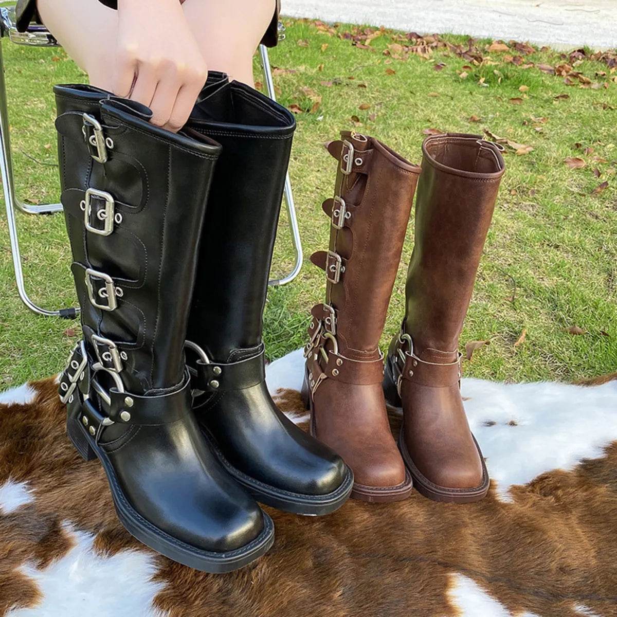 Round Toe Block Heel Boots - Classic Mid Heel PU Leather Boots - Fashions Envy