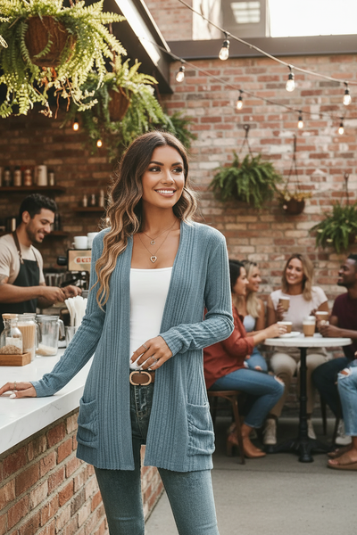 Blue ribbed cardigan - brunette at cafe