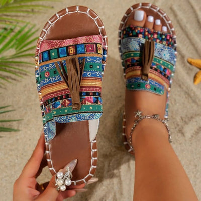 Trendsi Boho Tassel Slide Sandals with colorful patterned fabric and brown leather tassel detail