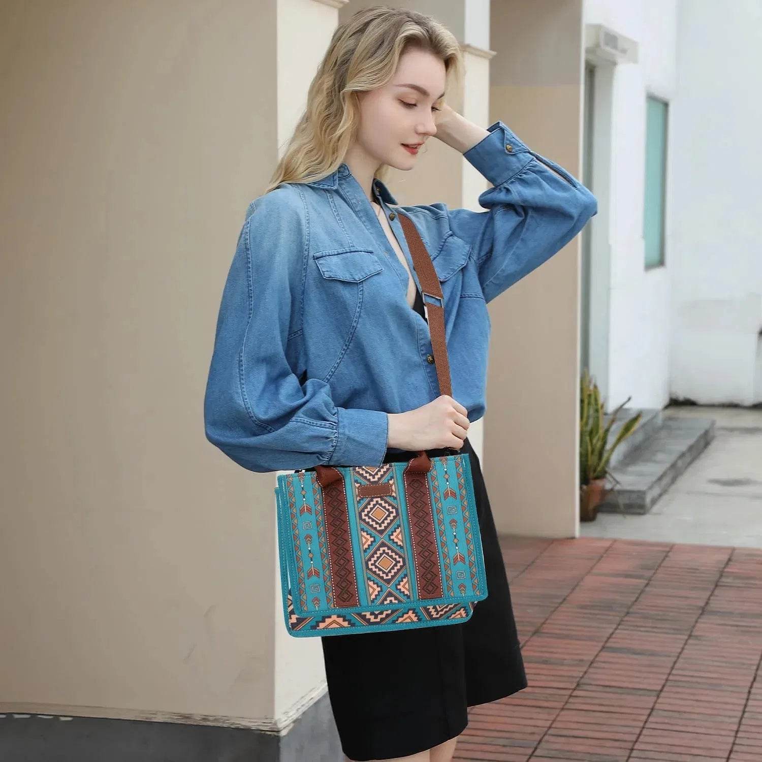 5-Piece Turquoise Aztec Versatile Tote Bag Set - Fashions Envy