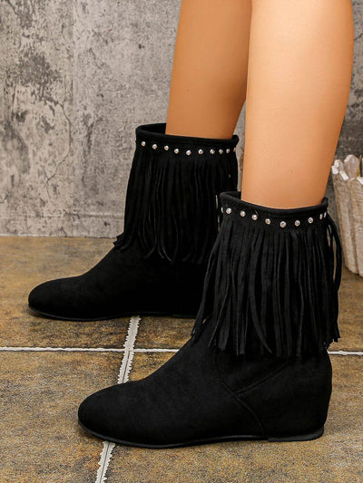 Trendsi Western Style Ankle Boots black suede fringe with stud trim low wedge heel for casual outfits