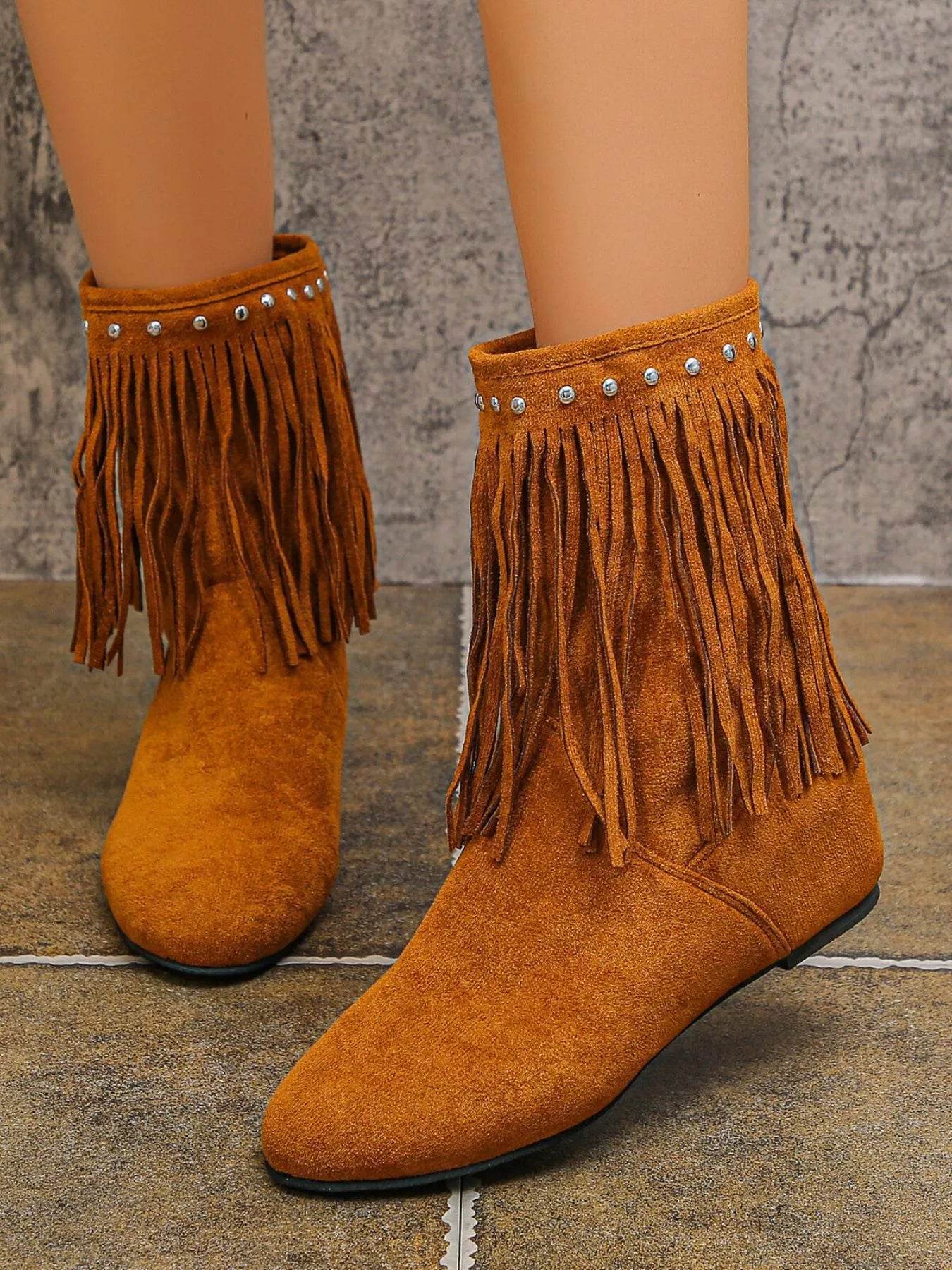 Trendsi Western Style Ankle Boots in tan suede with fringe and stud trim flat casual ankle boot