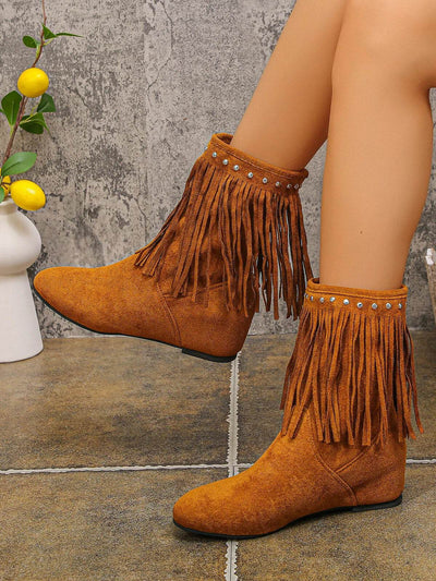 Trendsi Western Style Ankle Boots tan suede fringe with studded trim low flat heel ankle height