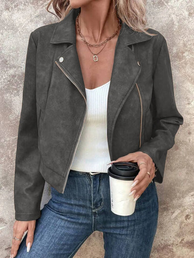 Trendsi women's suede moto jacket in charcoal gray cropped zip front with lapel collar styled with jeans