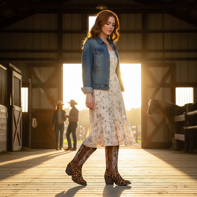 Brown embroidered cowgirl boots at ranch - redhead woman