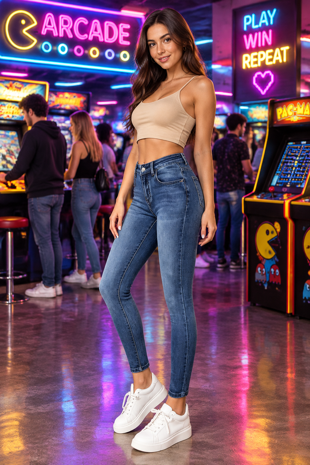 Brunette model, angled view