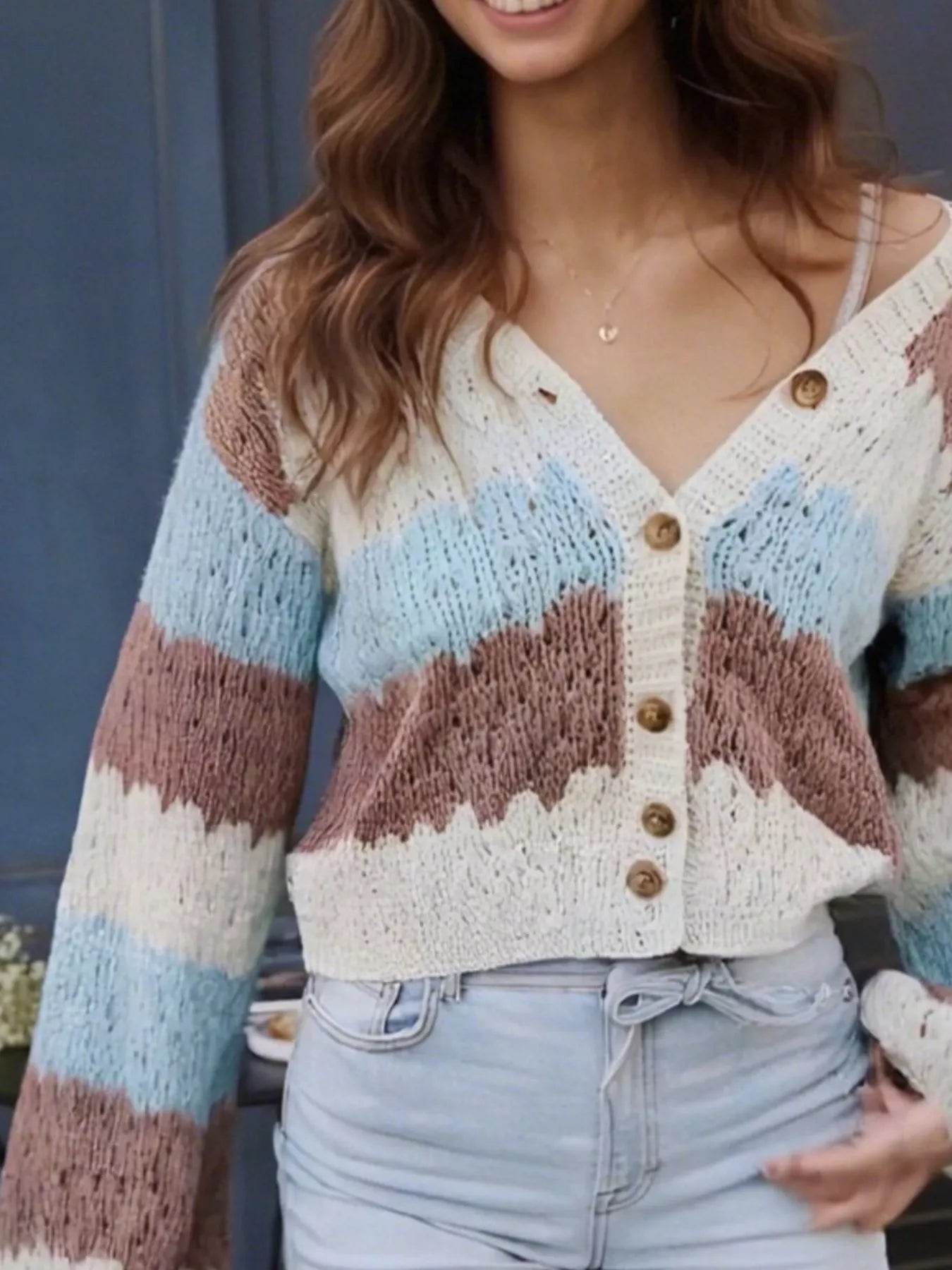 Trendsi Button Up Cardigan in multi-color with a cropped design and wooden buttons