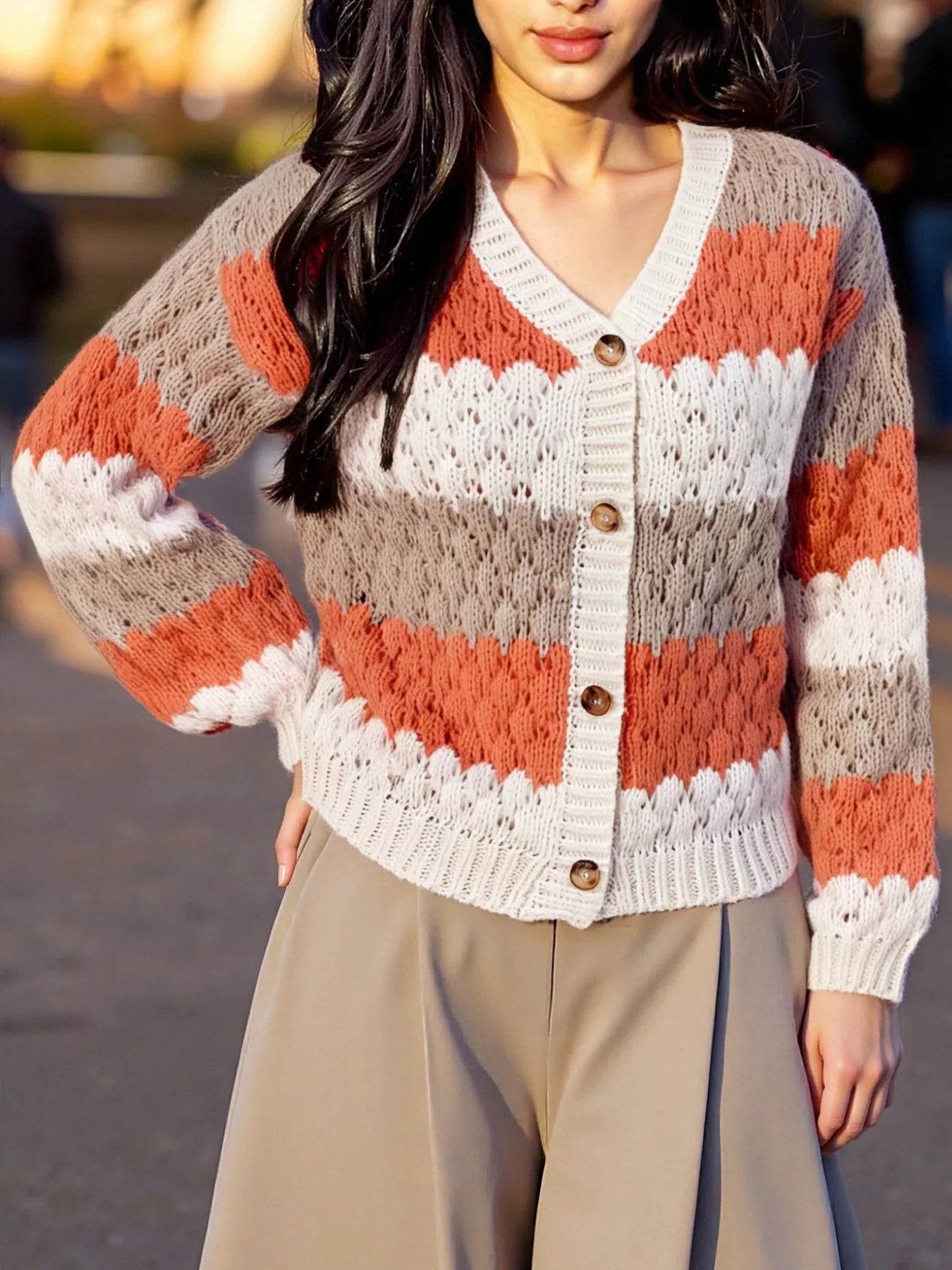 Trendsi Button Up Cardigan in a colorful striped design, perfect for stylish layering
