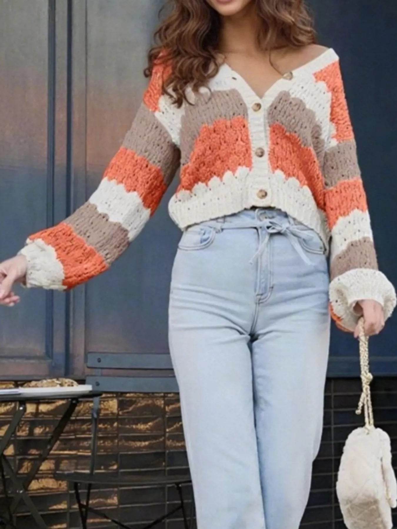 Trendsi Button Up Cardigan in Orange and Cream Stripes with Loose Fit and Cozy Knitted Design