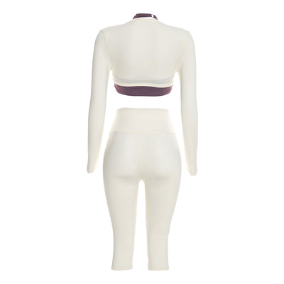 Three-Piece Capri Activewear Set - V-Neck Top and Halter Bra