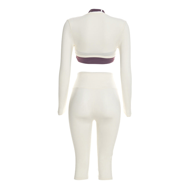 Three-Piece Capri Activewear Set - V-Neck Top and Halter Bra