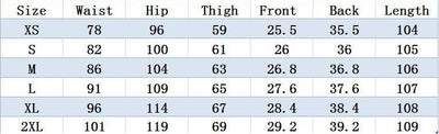 A size chart table showing measurements for sizes XS through 2XL, with columns for Size, Waist, Hip, Thigh, Front, Back, and Length.