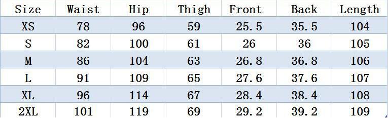 A size chart table showing measurements for sizes XS through 2XL, with columns for Size, Waist, Hip, Thigh, Front, Back, and Length.