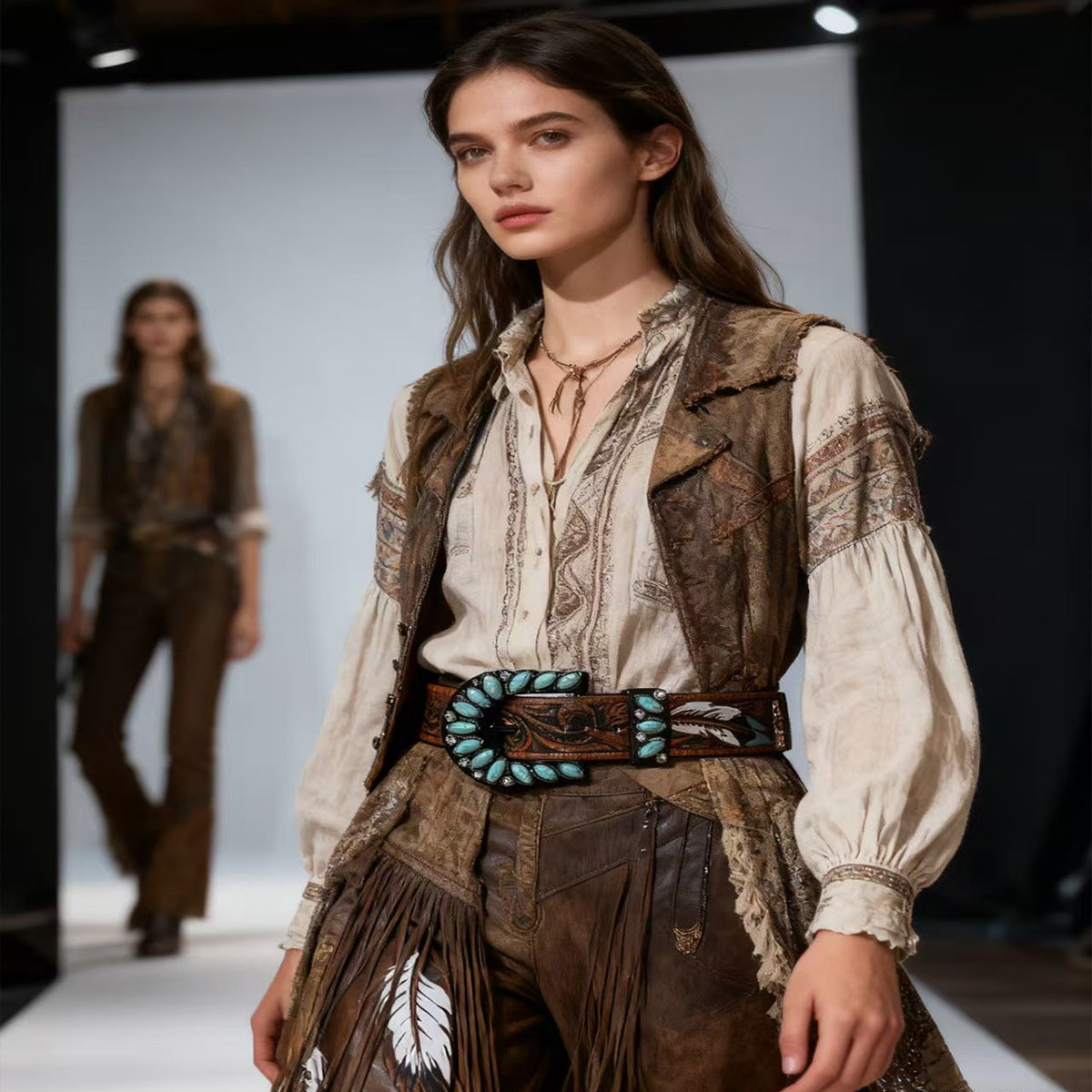 Western feather belt with turquoise stone accents, engraved buckle, and feather motifs on waist