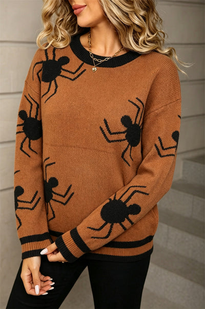 Halloween Spider Knit Sweater - Striped Ribbed Crewneck