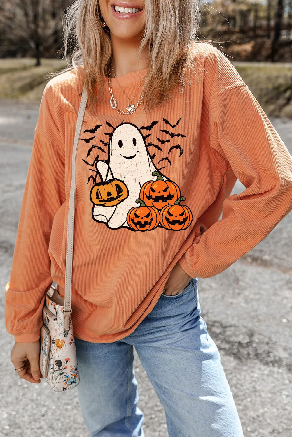 Jack-O'-Lantern Round Neck Long Sleeve Sweatshirt - Fashions Envy