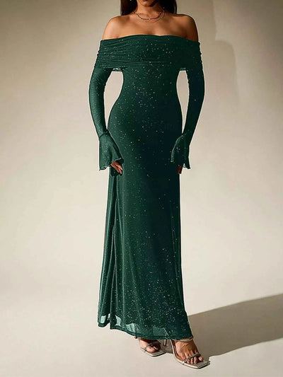 Glitter Off-Shoulder Maxi Dress