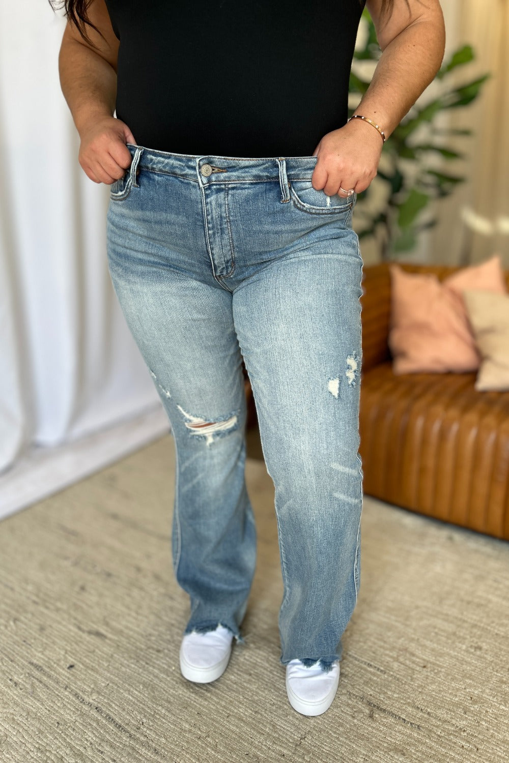 Judy Blue Full Size Medium Rise Tummy Control Destroy Flare - Fashions Envy