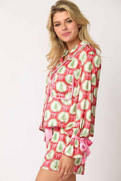 Christmas Pajama Shorts Set - Button Front and Sleeve Bows