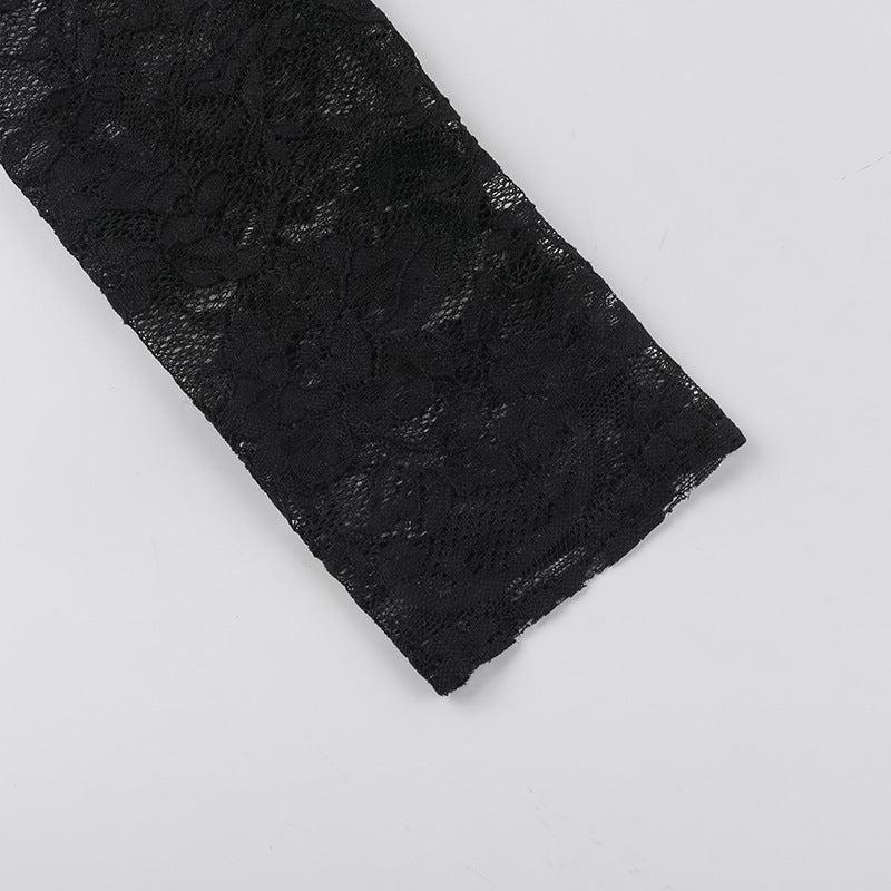 Black lace long sleeve with textured floral lace pattern.