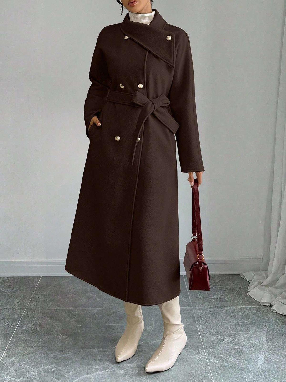 Double-Breasted Long Coat - Waist Tie & Wide Lapels