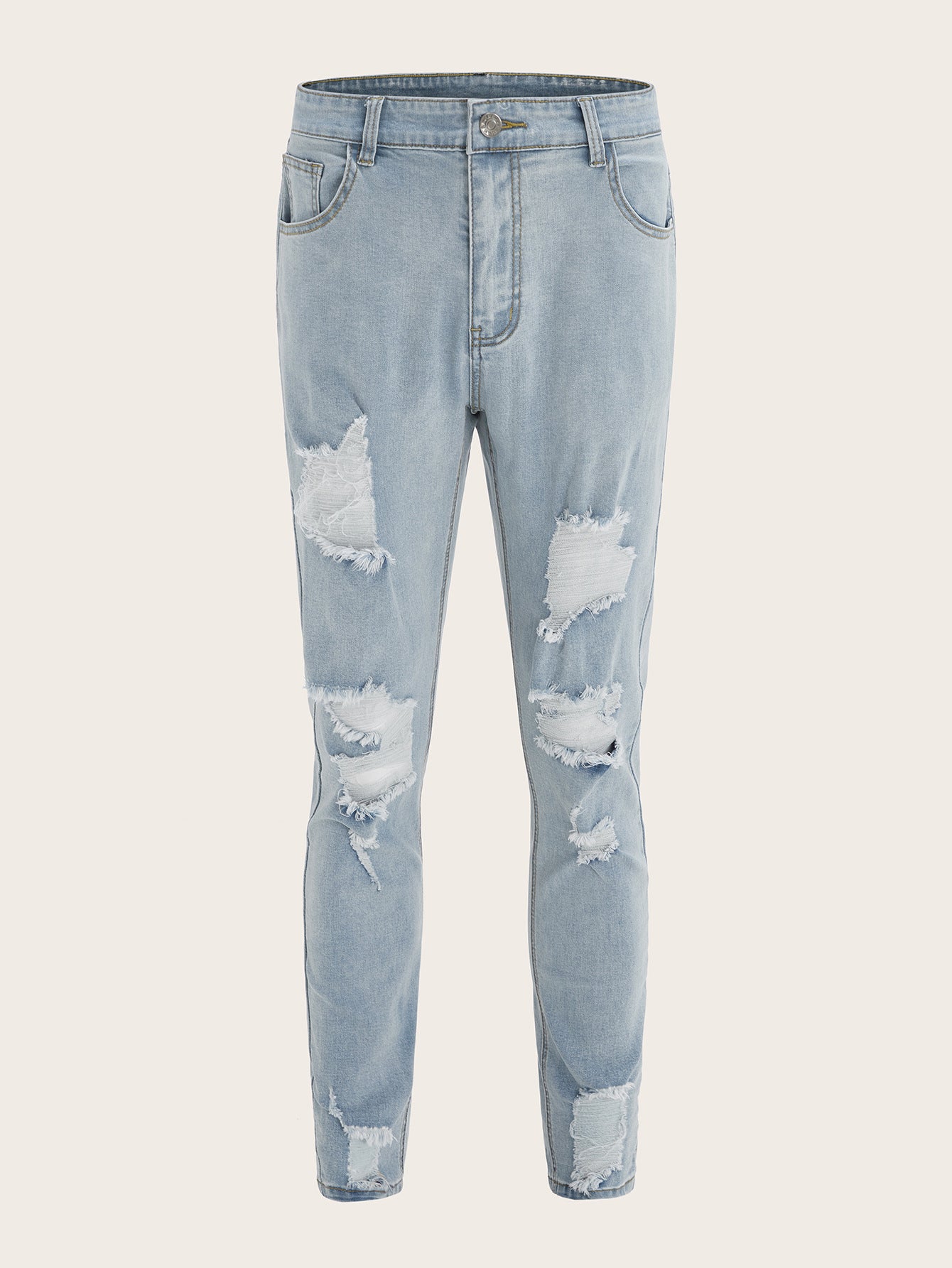 Light Blue Ripped Skinny Jeans Men - Heavy Distressed Stretch Denim