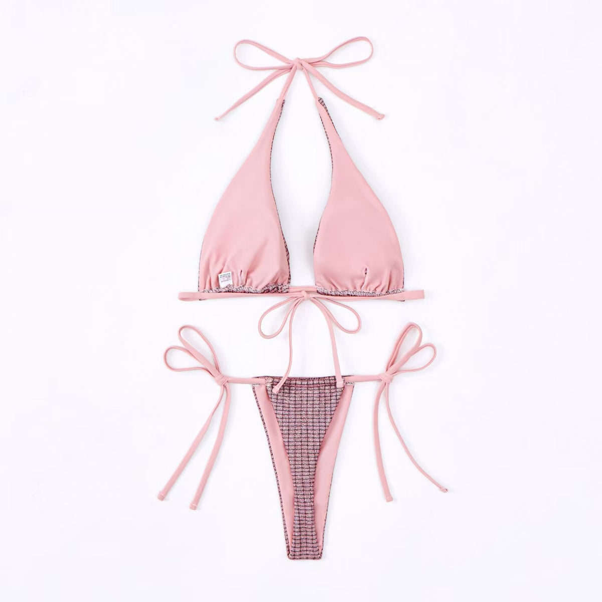Pink metallic triangle halter bikini set with matching string ties and high-cut bottoms