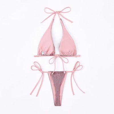 Pink metallic triangle halter bikini set with matching string ties and high-cut bottoms