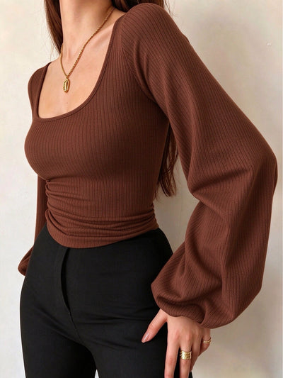 Brown ribbed knit square-neck lantern-sleeve long sleeve top, slim fit