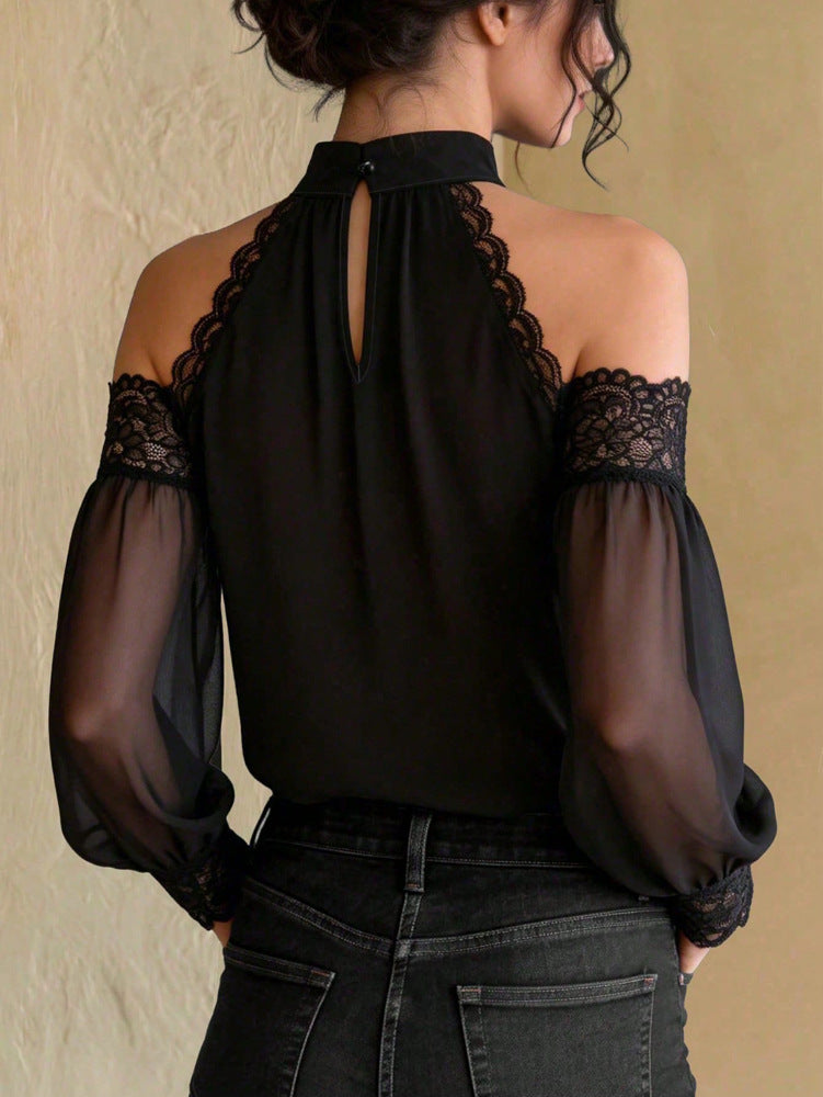 Lace-Trim Cold-Shoulder Blouse - Sheer Balloon Sleeves