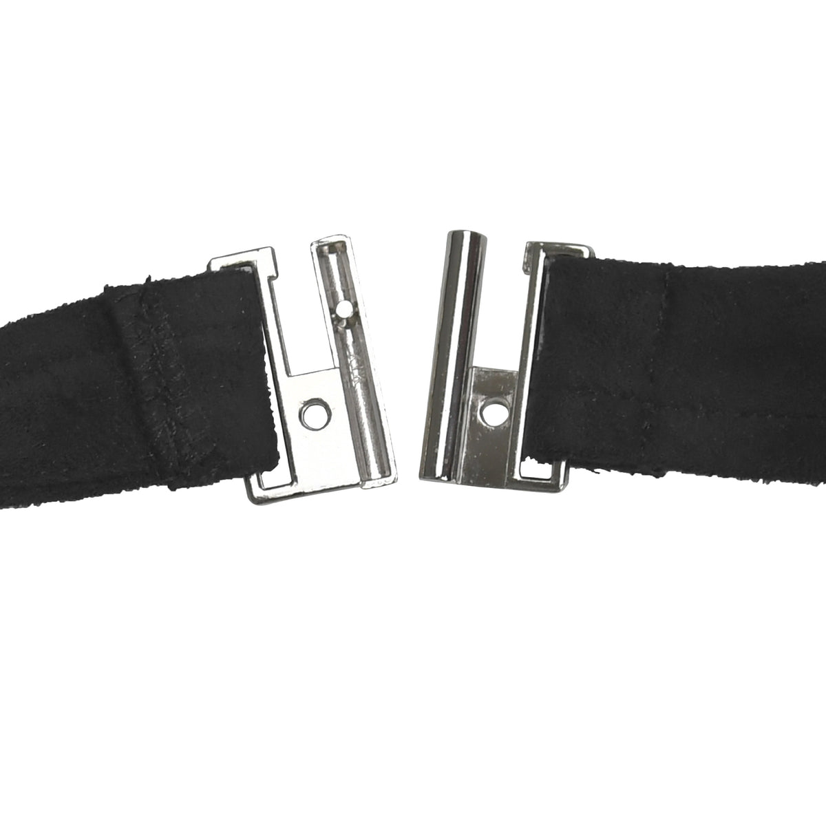 Black jumpsuit halter strap with silver buckle and metal eyelets